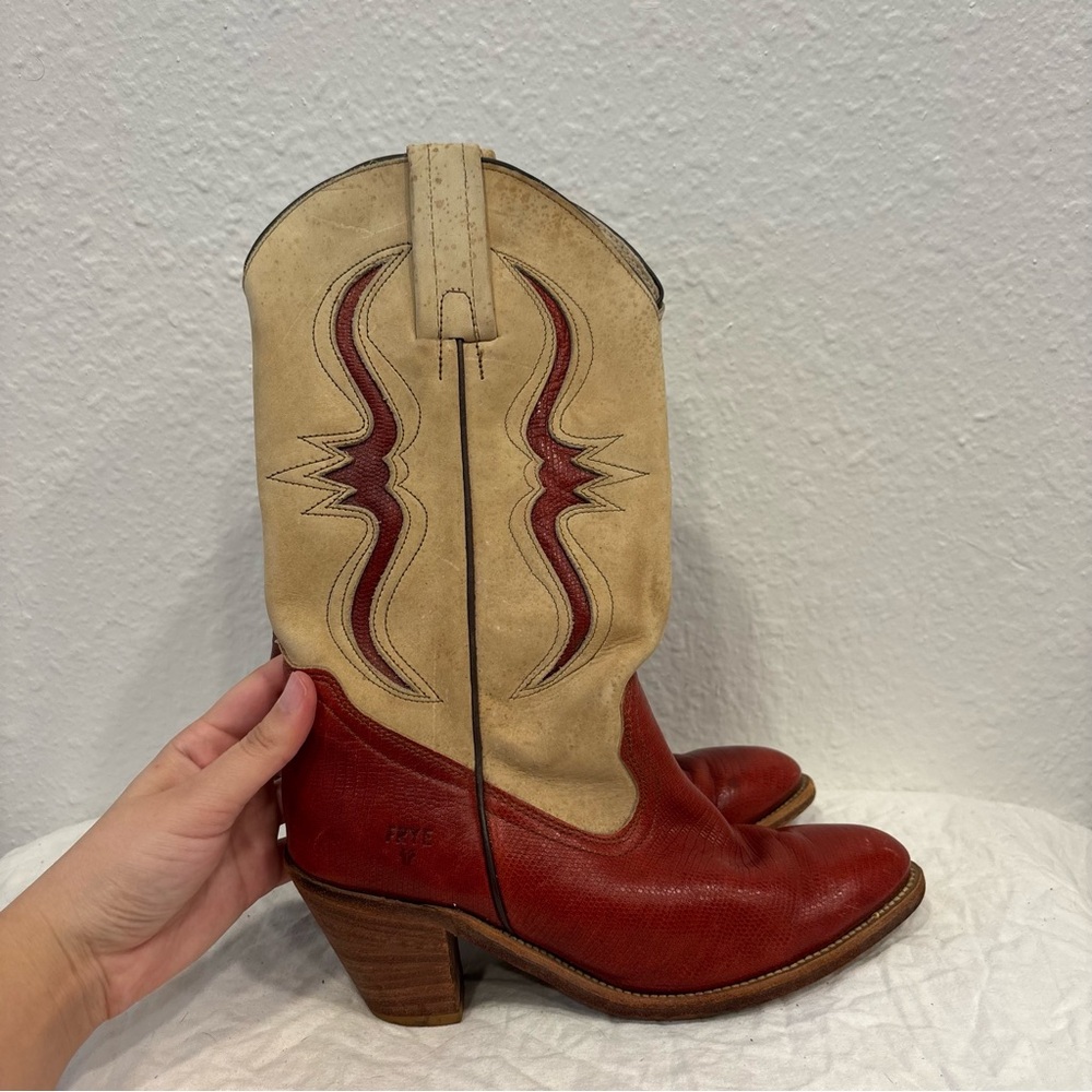 Frye Red and Cream Leather Western Cowboy Boots